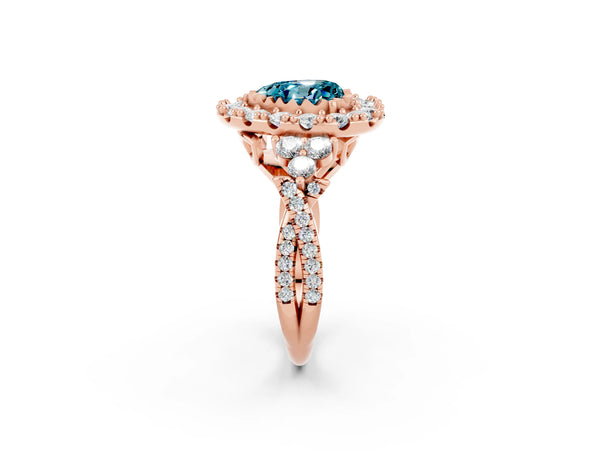 Rose gold Heart Cut Blue Topaz Halo Ring with Pavé Band and Four-Prong Setting