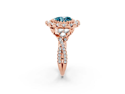 Rose gold Heart Cut Blue Topaz Halo Ring with Pavé Band and Four-Prong Setting_14