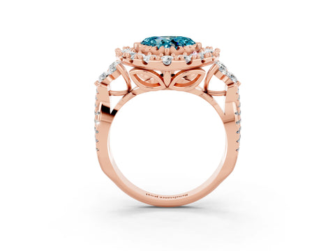 Rose gold Heart Cut Blue Topaz Halo Ring with Pavé Band and Four-Prong Setting_15