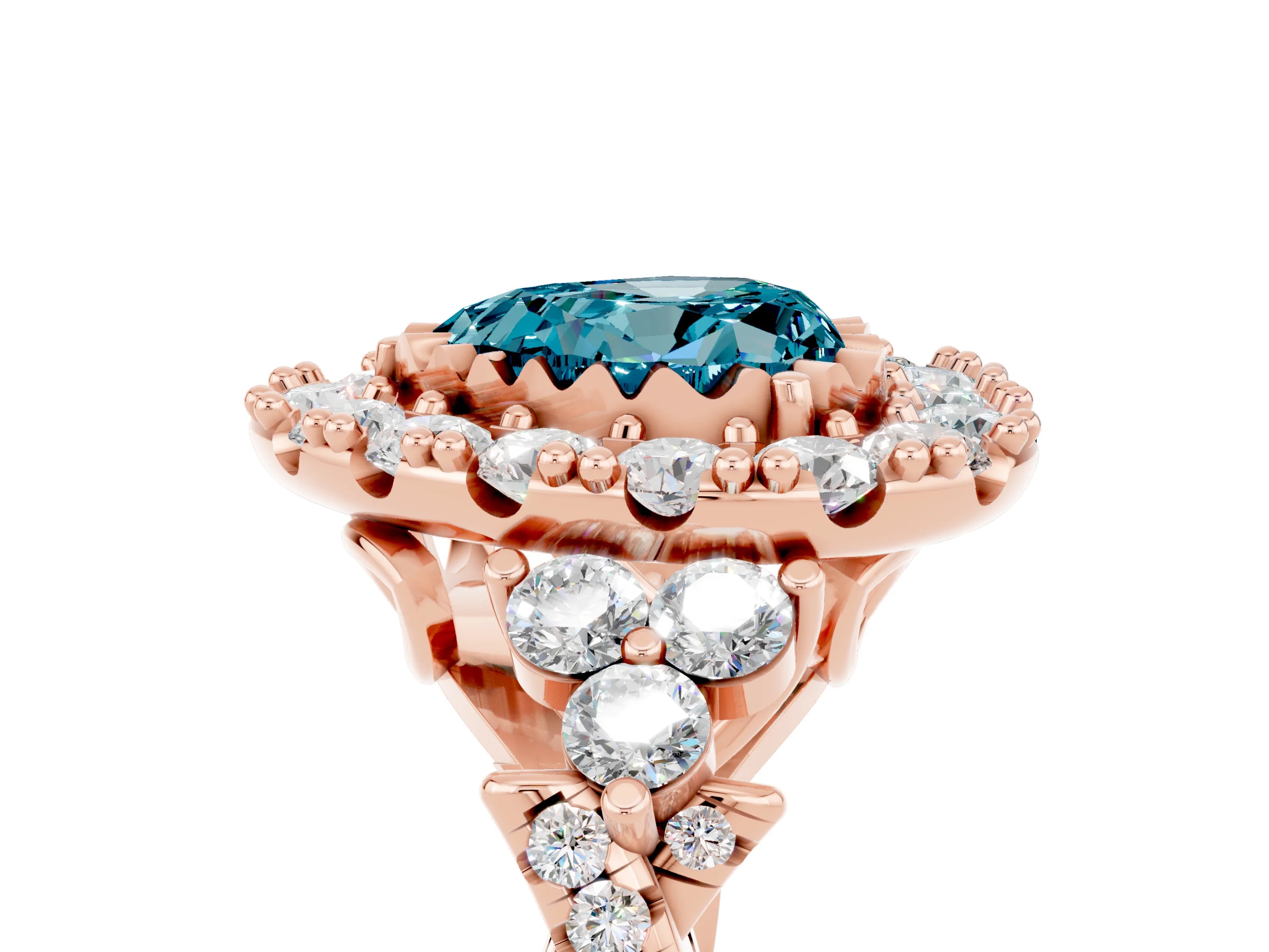 Rose gold Heart Cut Blue Topaz Halo Ring with Pavé Band and Four-Prong Setting_17