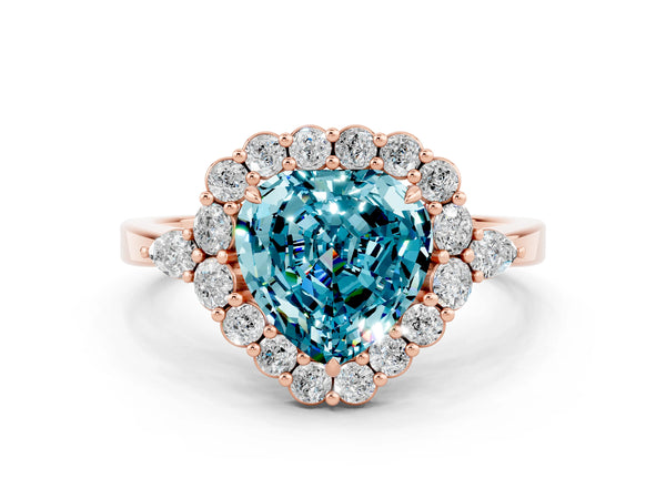 Rose gold Heart Cut Blue Topaz Halo Ring with Pear Side Stones and Prong Setting