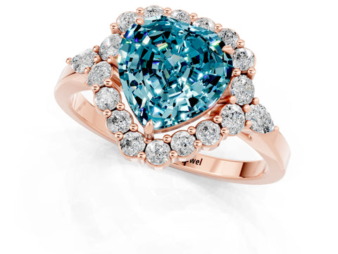 Rose gold Heart Cut Blue Topaz Halo Ring with Pear Side Stones and Prong Setting_13
