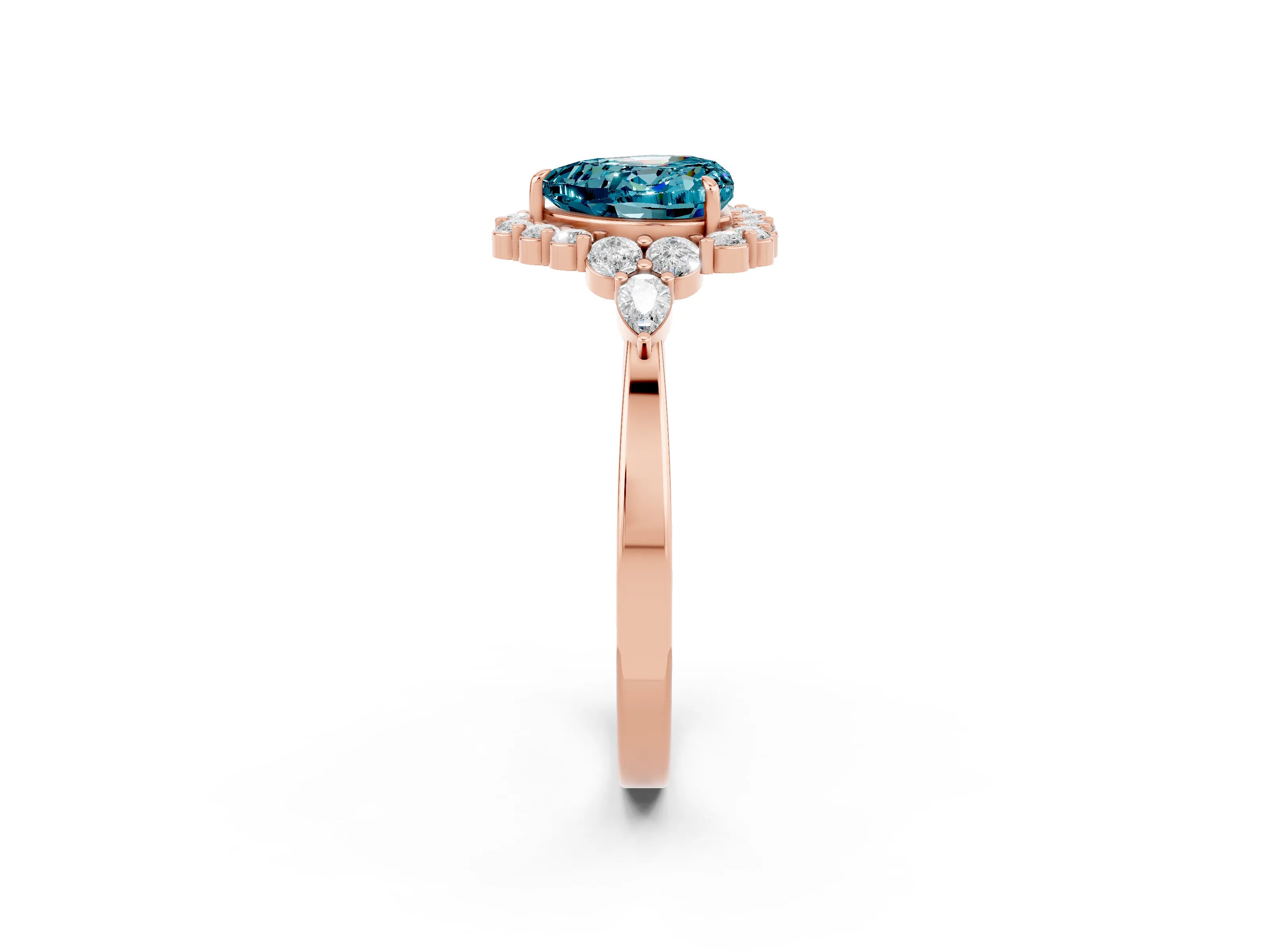 Rose gold Heart Cut Blue Topaz Halo Ring with Pear Side Stones and Prong Setting_14