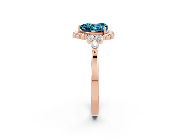 Rose gold Heart Cut Blue Topaz Halo Ring with Pear Side Stones and Prong Setting