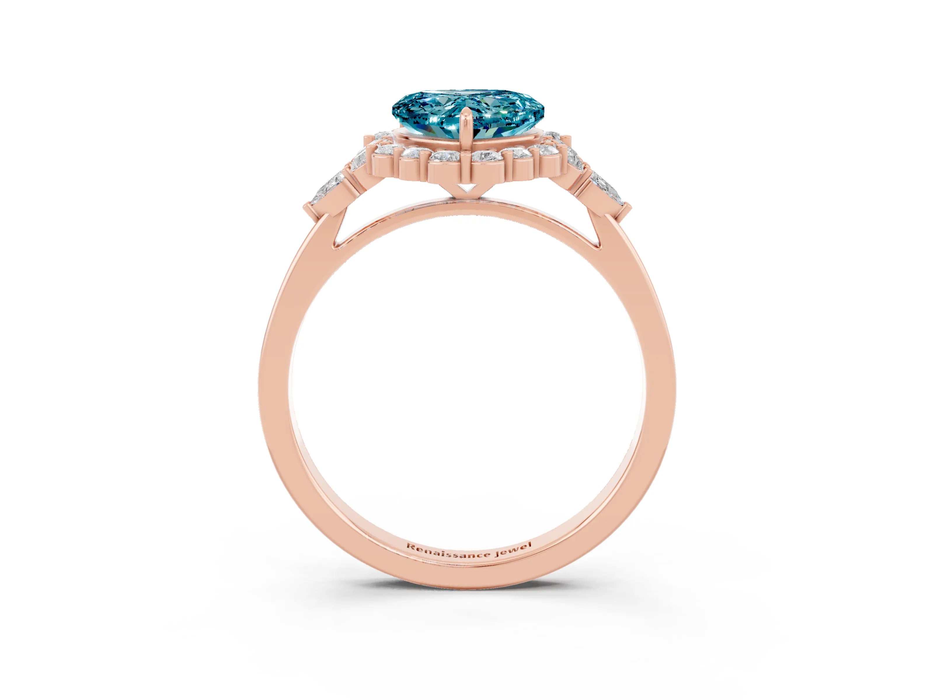 Rose gold Heart Cut Blue Topaz Halo Ring with Pear Side Stones and Prong Setting_15