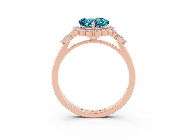 Rose gold Heart Cut Blue Topaz Halo Ring with Pear Side Stones and Prong Setting