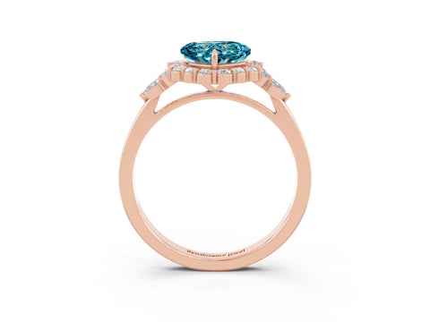 Rose gold Heart Cut Blue Topaz Halo Ring with Pear Side Stones and Prong Setting_15