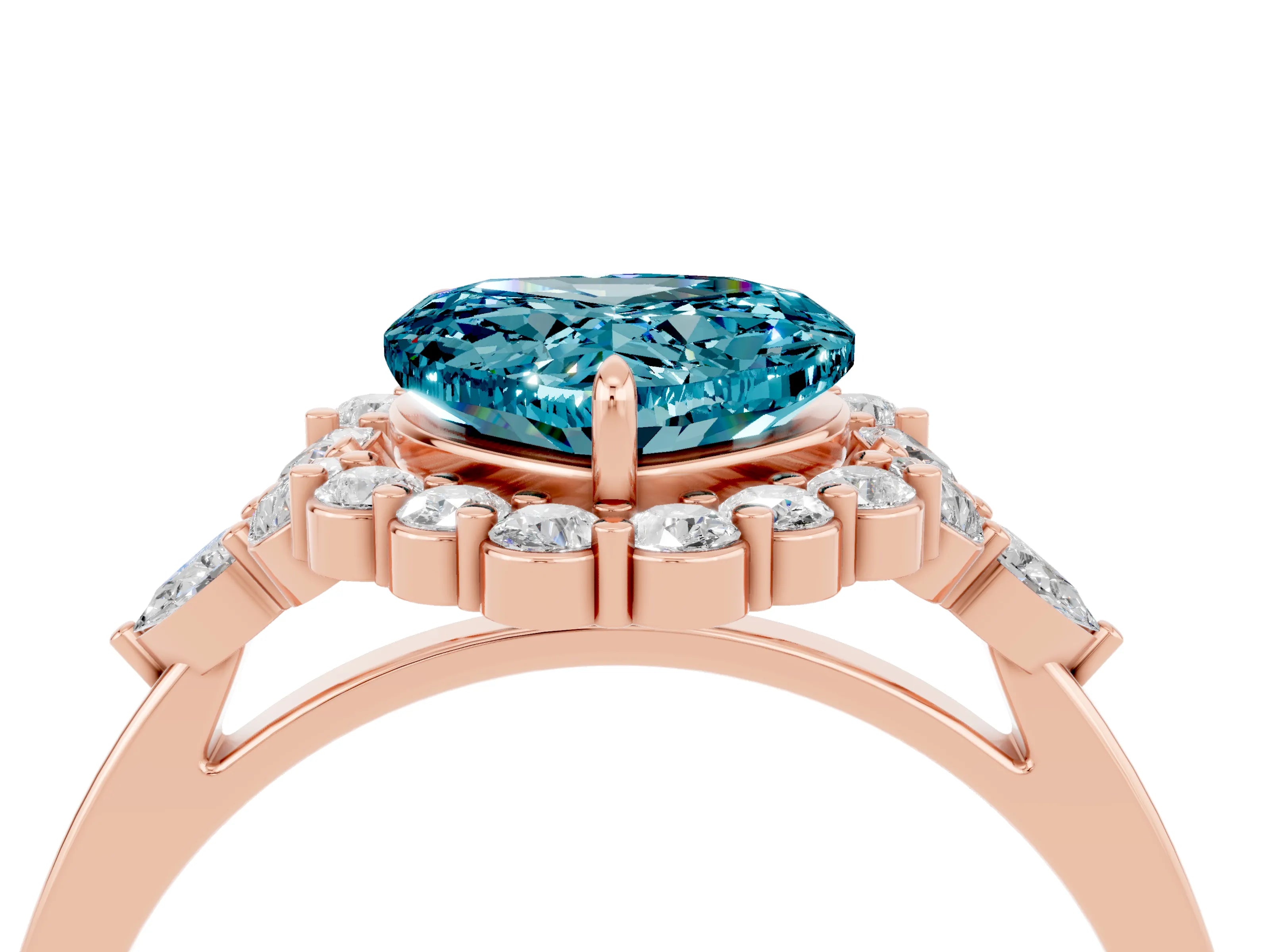 Rose gold Heart Cut Blue Topaz Halo Ring with Pear Side Stones and Prong Setting_16