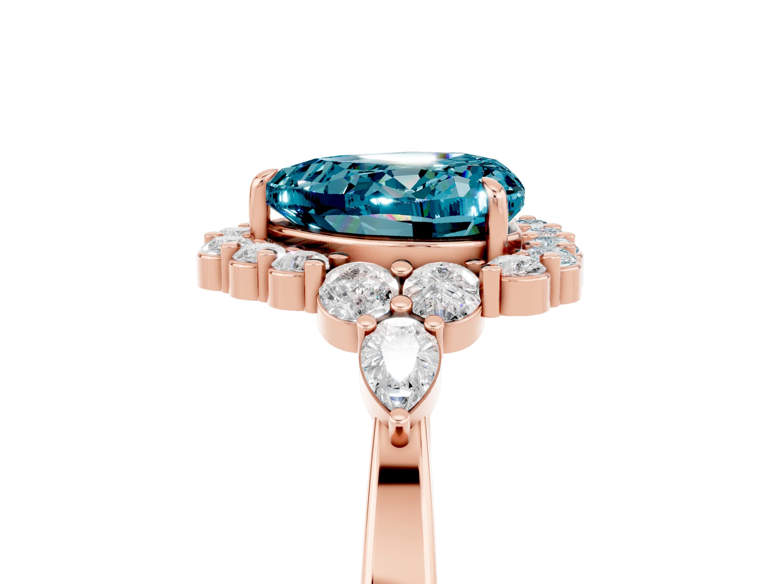 Rose gold Heart Cut Blue Topaz Halo Ring with Pear Side Stones and Prong Setting_17