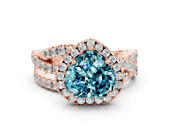 Rose gold Heart Cut Blue Topaz Halo Ring with Round Split Shank and Prong Setting