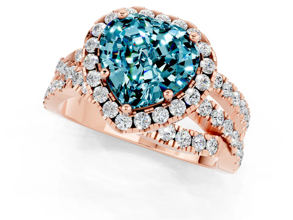 Rose gold Heart Cut Blue Topaz Halo Ring with Round Split Shank and Prong Setting