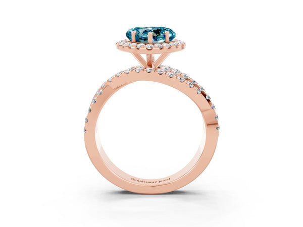 Rose gold Heart Cut Blue Topaz Halo Ring with Round Split Shank and Prong Setting