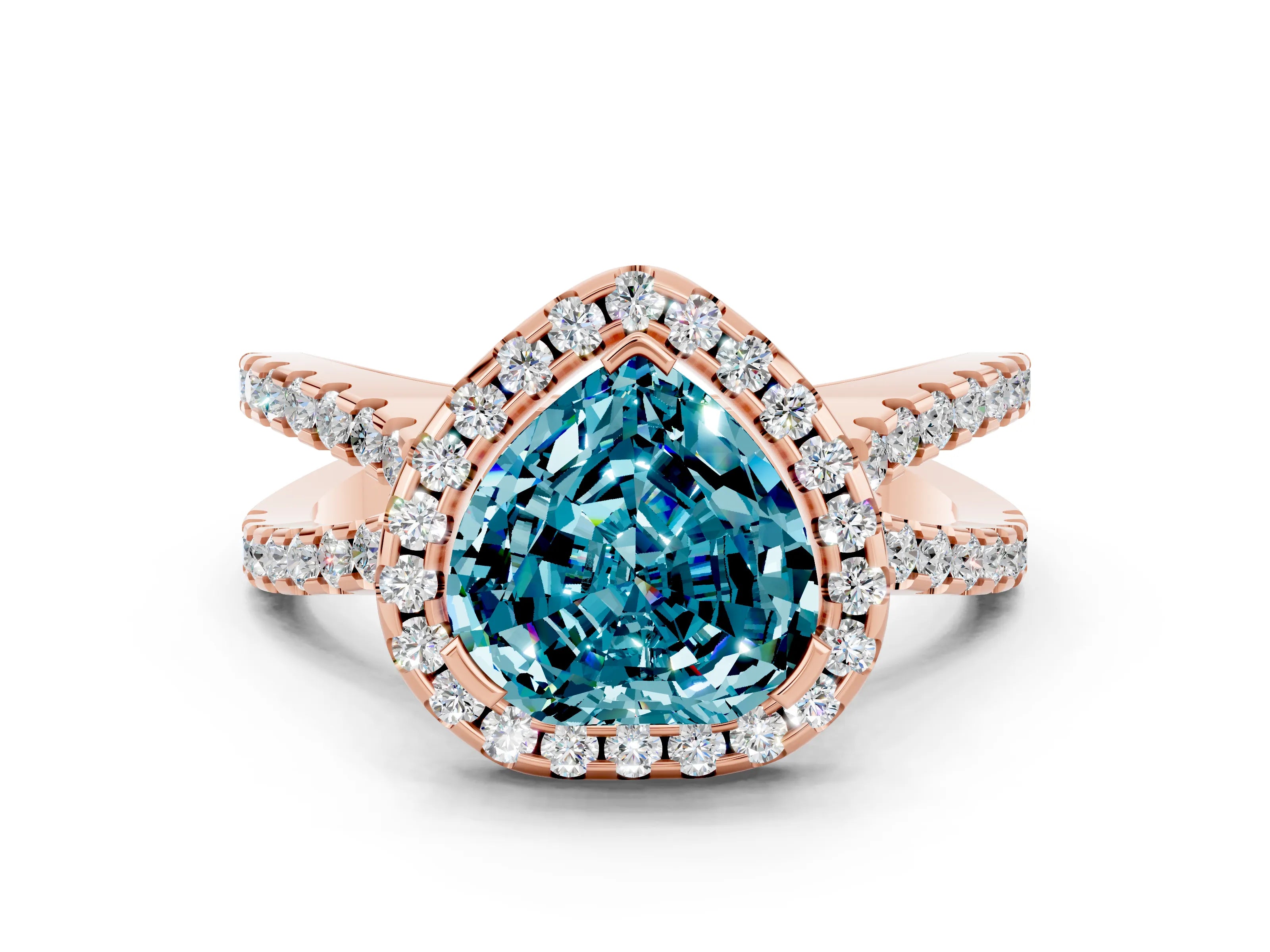 Rose gold Heart Cut Blue Topaz Halo Ring with Split Shank Pavé Band and Prong Setting