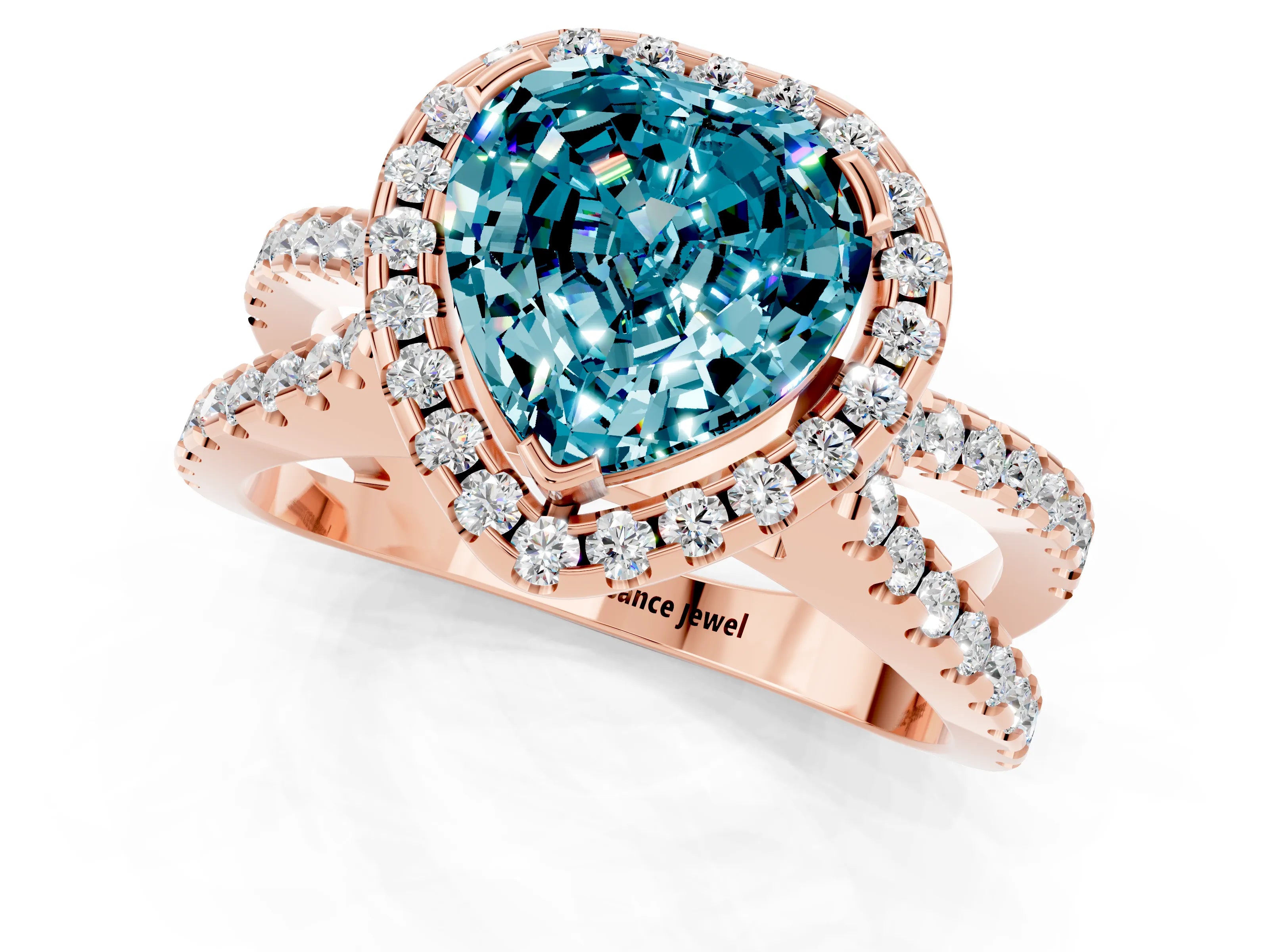 Rose gold Heart Cut Blue Topaz Halo Ring with Split Shank Pavé Band and Prong Setting_1