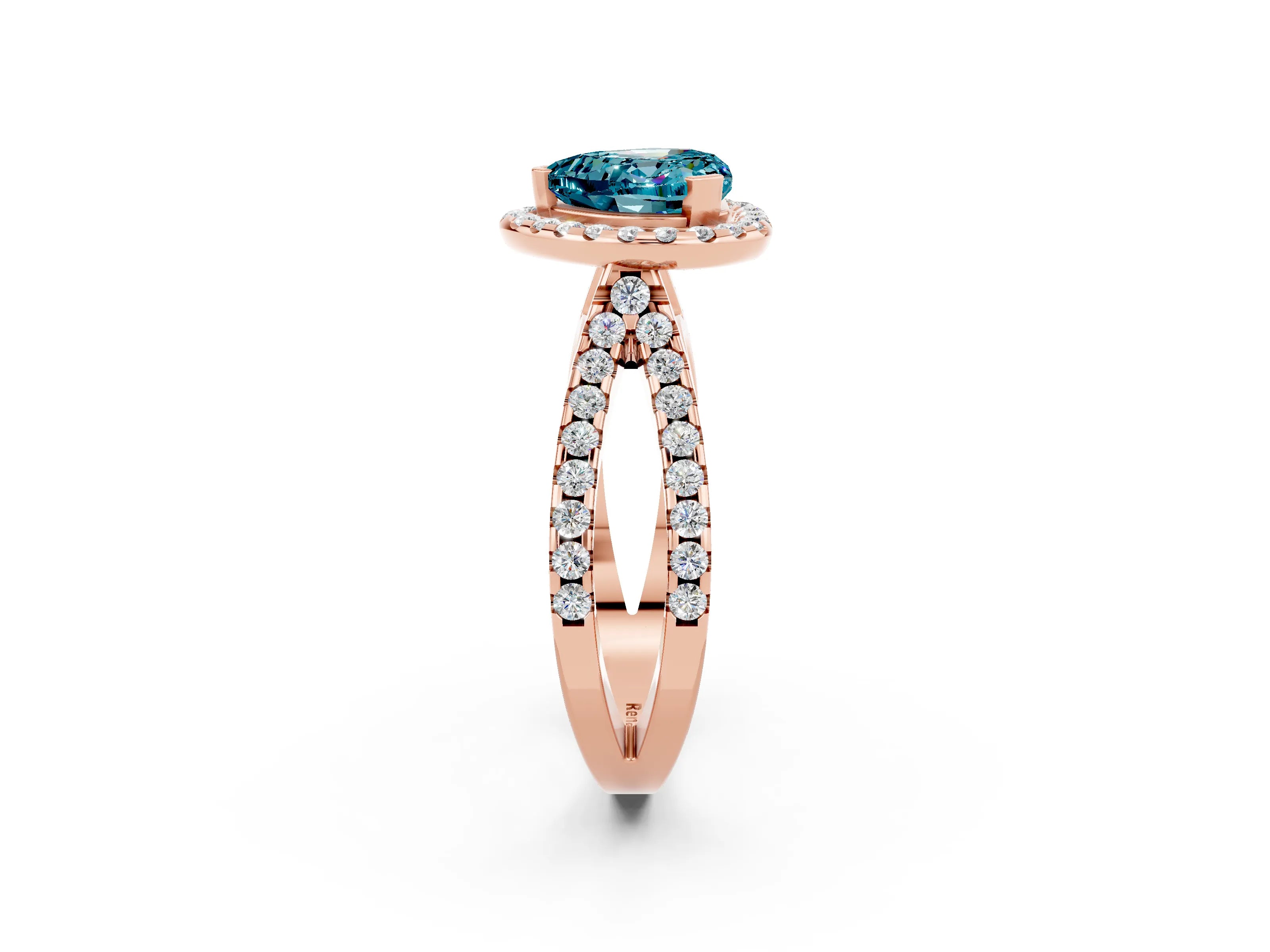 Rose gold Heart Cut Blue Topaz Halo Ring with Split Shank Pavé Band and Prong Setting_2
