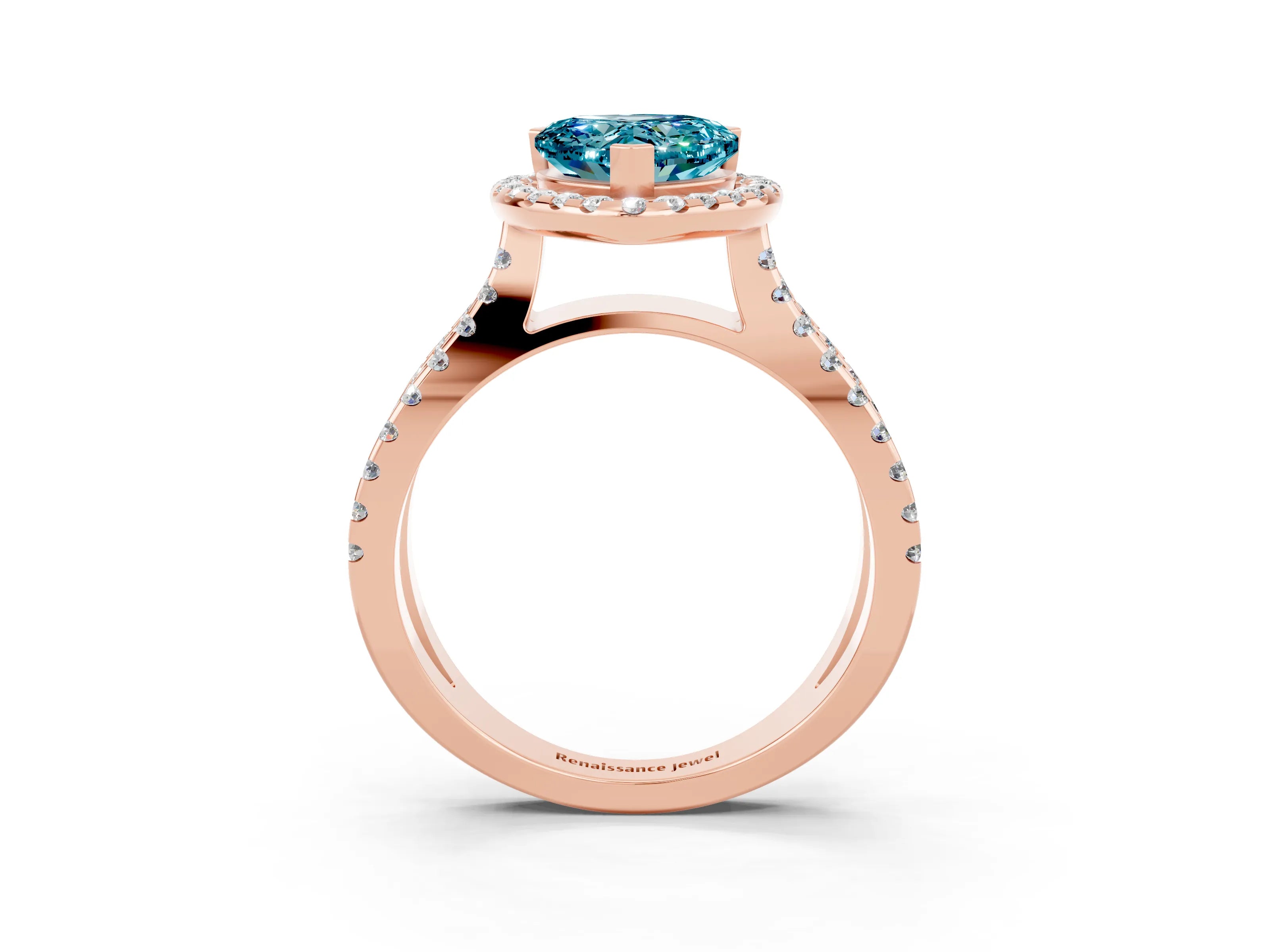Rose gold Heart Cut Blue Topaz Halo Ring with Split Shank Pavé Band and Prong Setting_3
