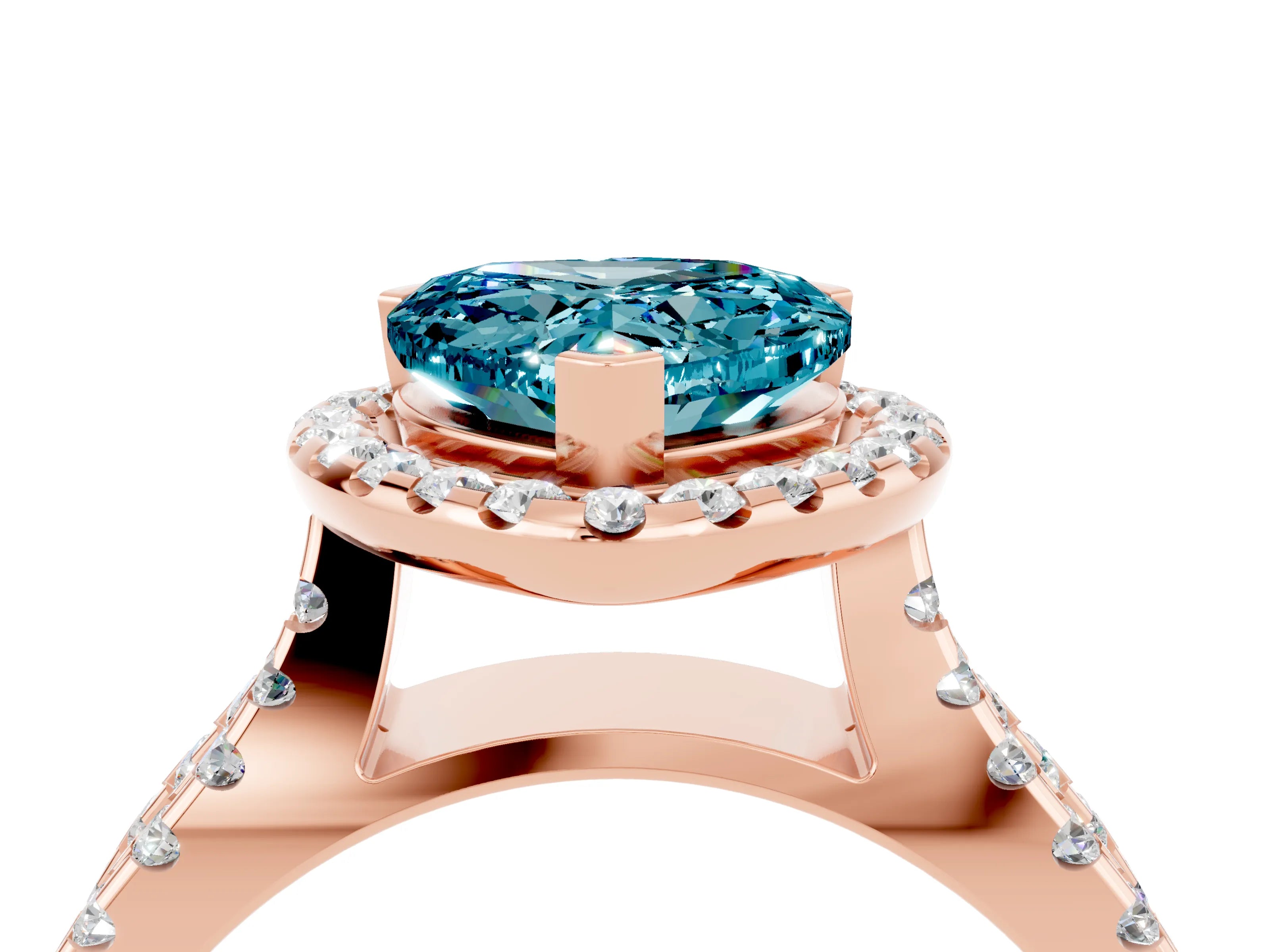 Rose gold Heart Cut Blue Topaz Halo Ring with Split Shank Pavé Band and Prong Setting_4