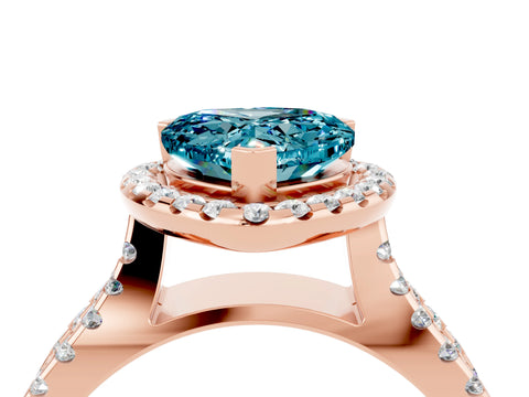 Rose gold Heart Cut Blue Topaz Halo Ring with Split Shank Pavé Band and Prong Setting_4