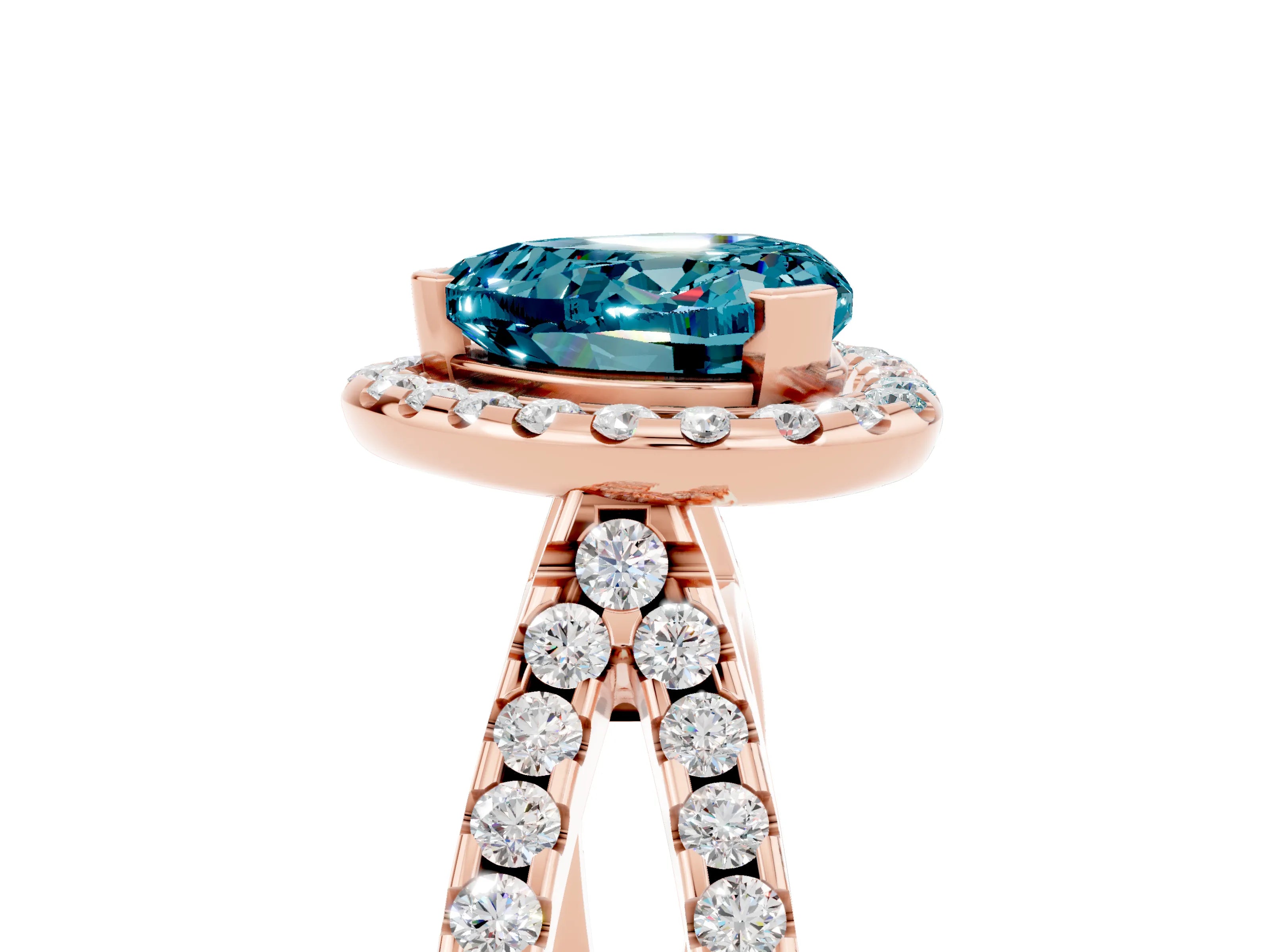 Rose gold Heart Cut Blue Topaz Halo Ring with Split Shank Pavé Band and Prong Setting_5