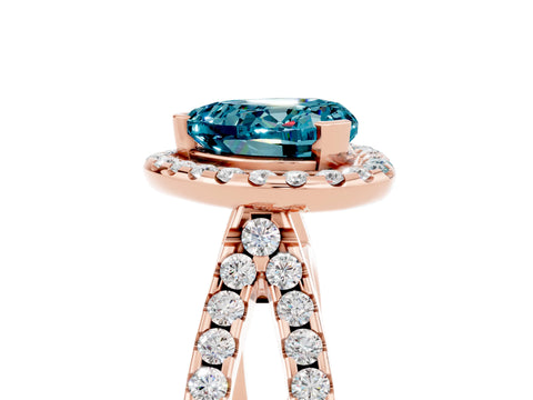 Rose gold Heart Cut Blue Topaz Halo Ring with Split Shank Pavé Band and Prong Setting_5