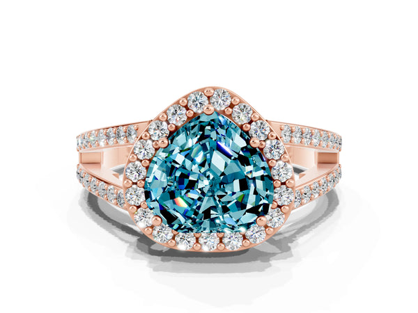Rose gold Heart Cut Blue Topaz Halo Ring with Split Shank U-Prong Band and Four-Prong Setting