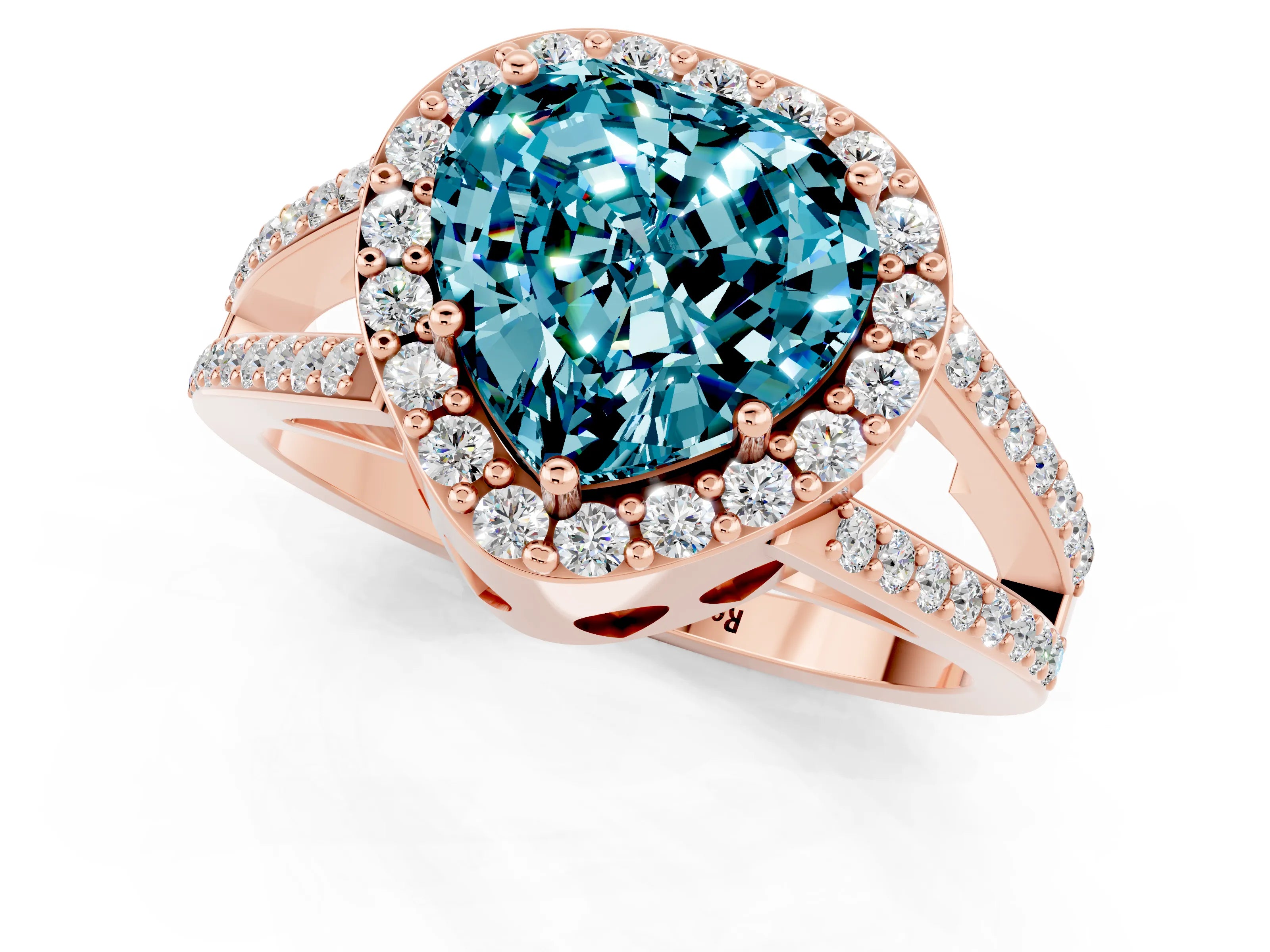 Rose gold Heart Cut Blue Topaz Halo Ring with Split Shank U-Prong Band and Four-Prong Setting_1