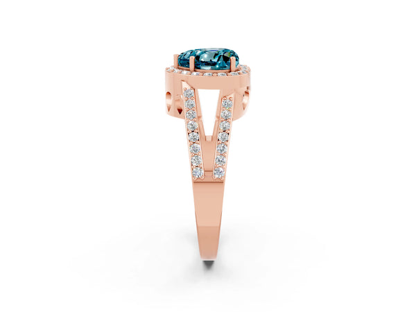 Rose gold Heart Cut Blue Topaz Halo Ring with Split Shank U-Prong Band and Four-Prong Setting