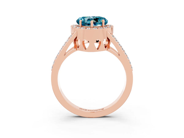 Rose gold Heart Cut Blue Topaz Halo Ring with Split Shank U-Prong Band and Four-Prong Setting