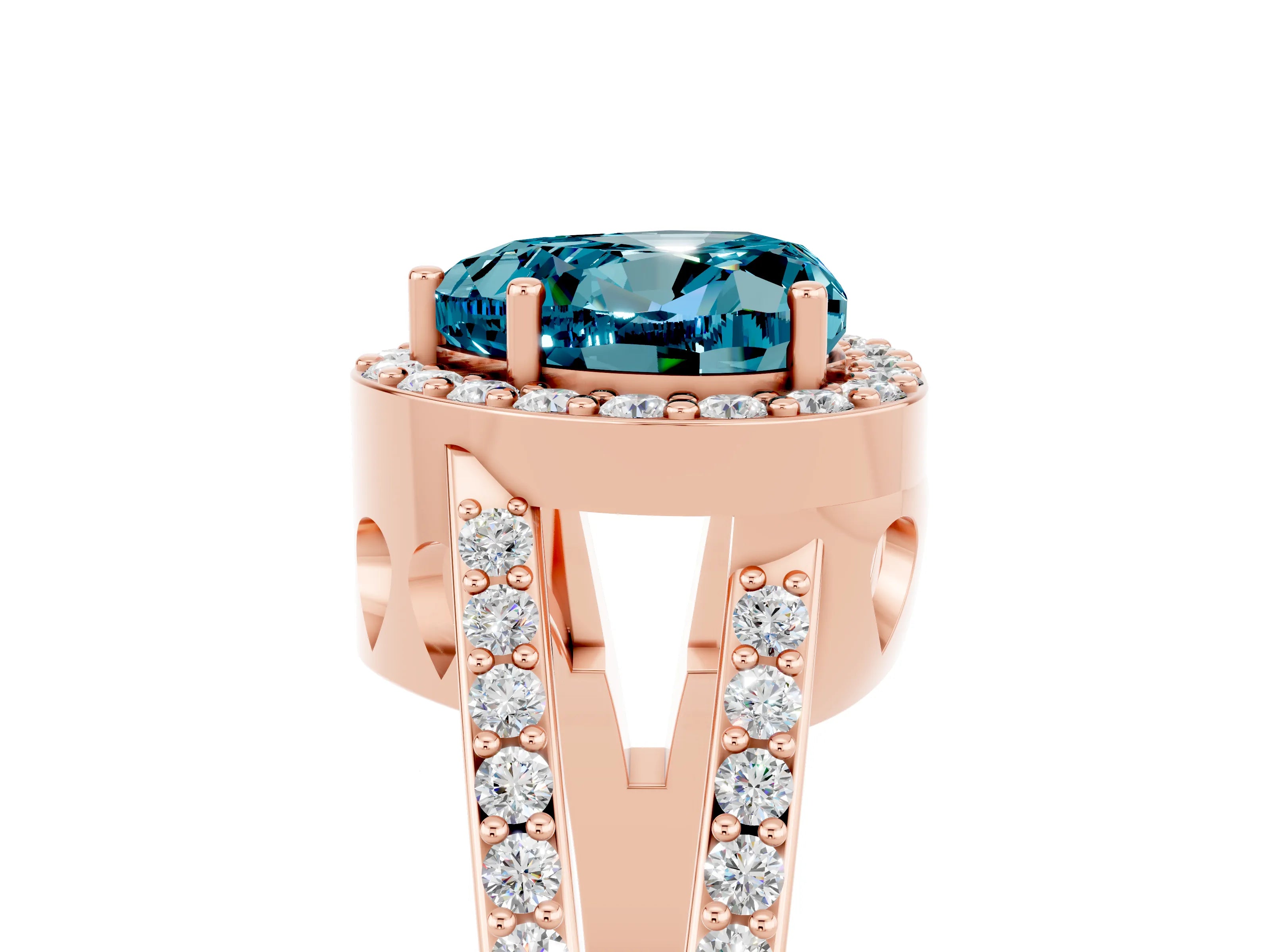 Rose gold Heart Cut Blue Topaz Halo Ring with Split Shank U-Prong Band and Four-Prong Setting_5