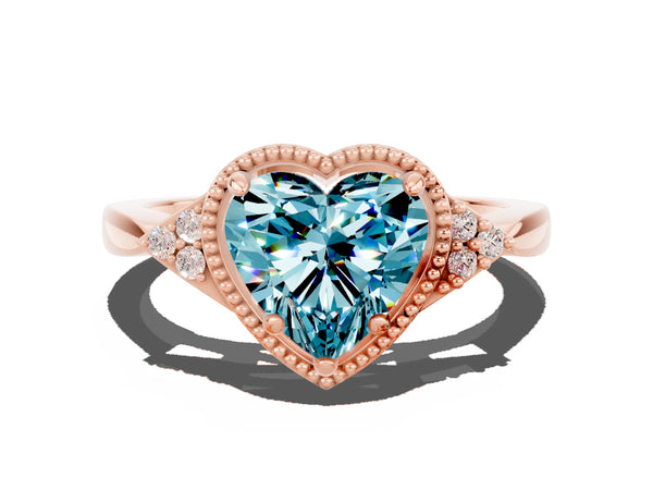 Rose gold Heart Cut Blue Topaz Halo Ring with Tapered Band and Four-Prong Setting