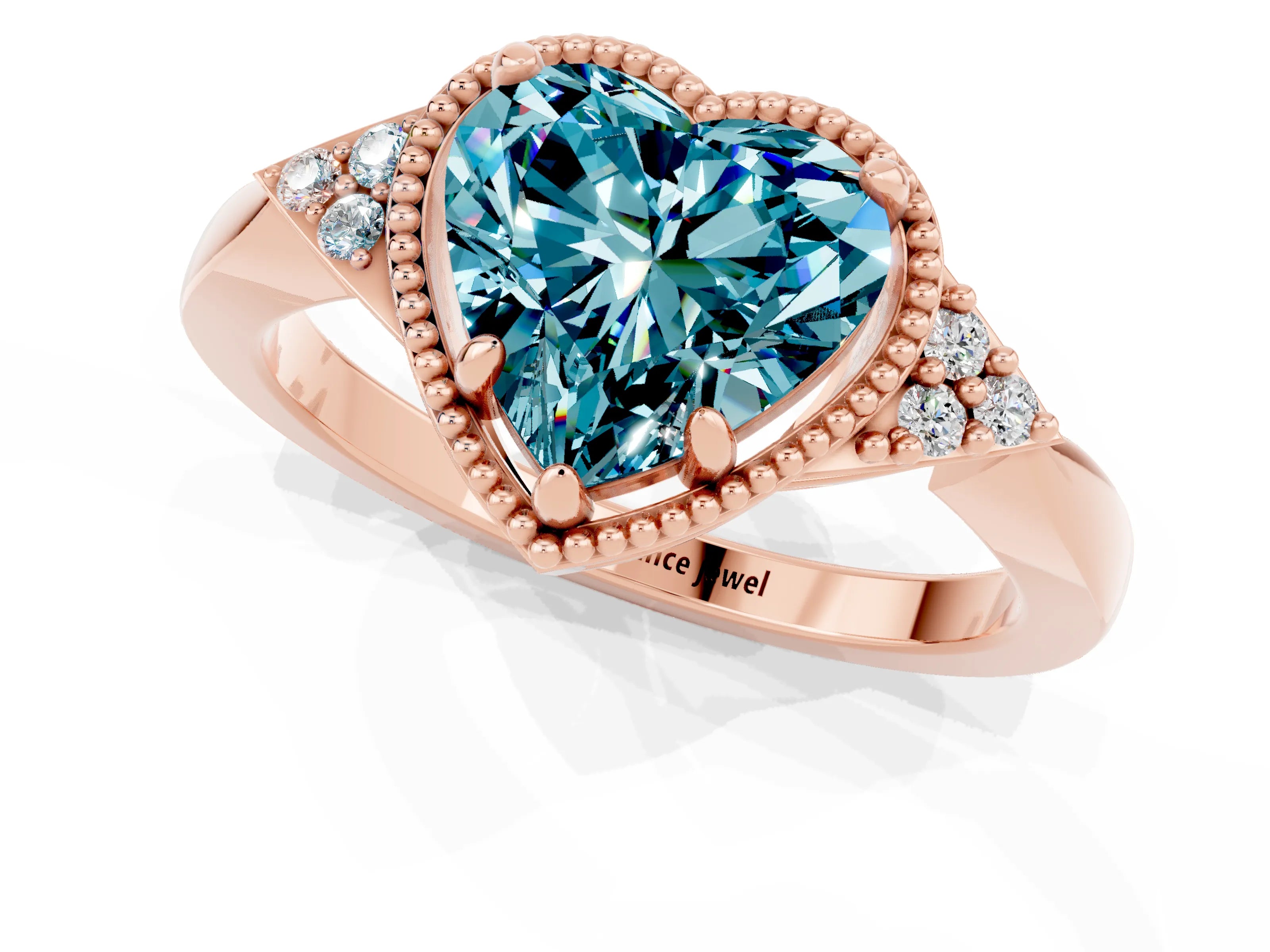 Rose gold Heart Cut Blue Topaz Halo Ring with Tapered Band and Four-Prong Setting_1