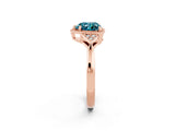 Rose gold Heart Cut Blue Topaz Halo Ring with Tapered Band and Four-Prong Setting_2