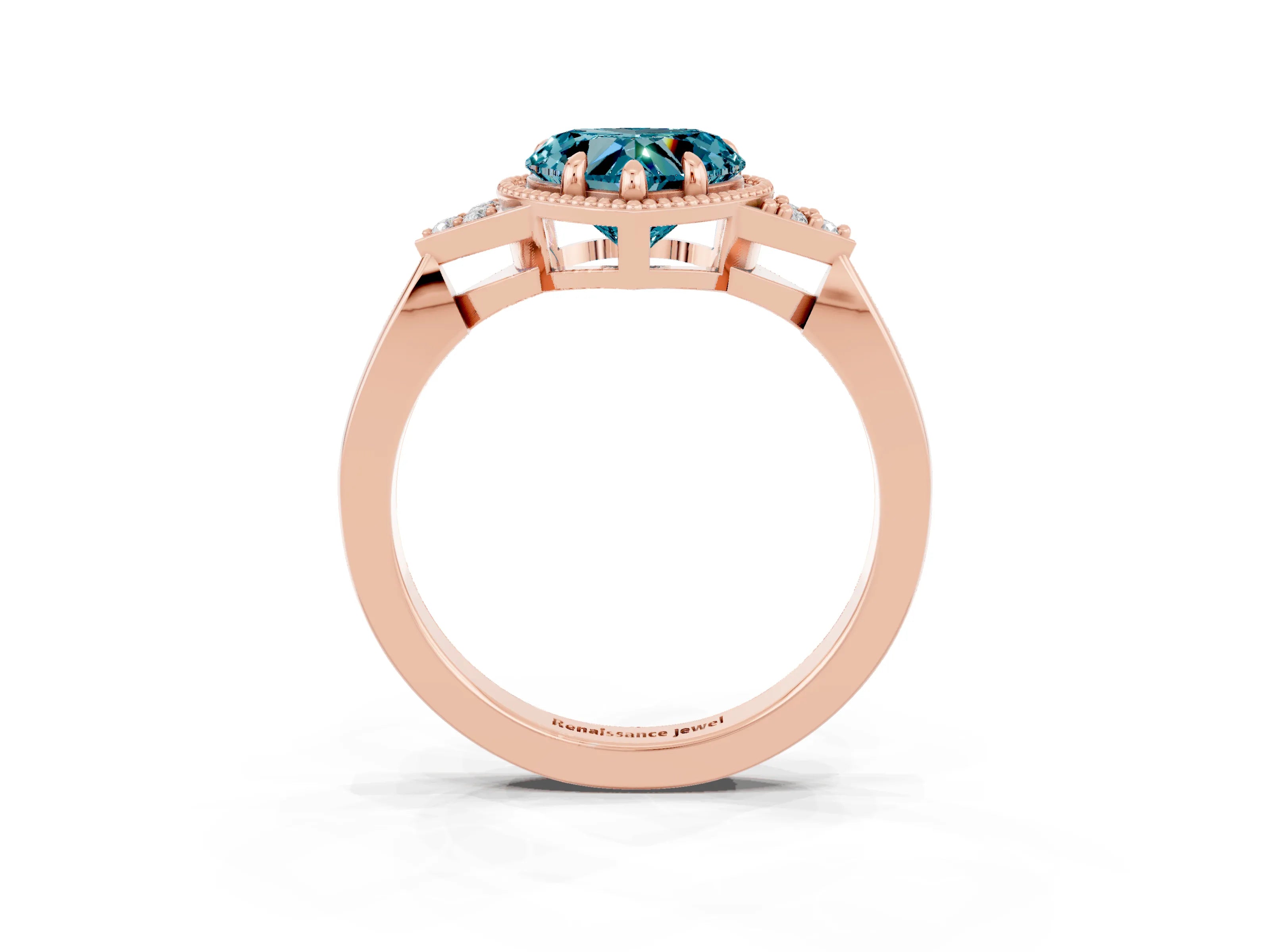 Rose gold Heart Cut Blue Topaz Halo Ring with Tapered Band and Four-Prong Setting_3