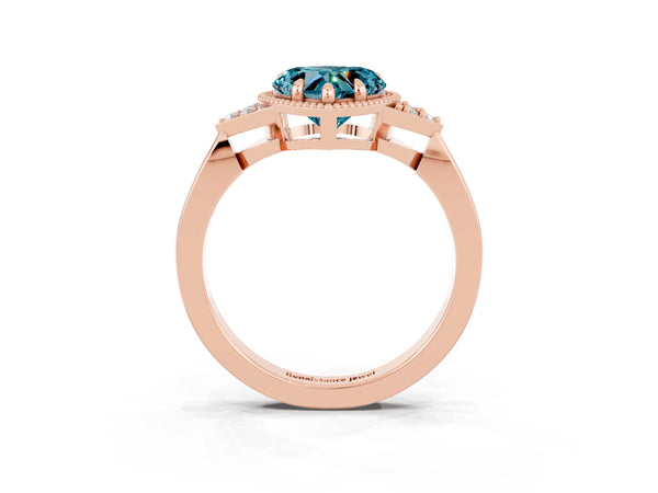 Rose gold Heart Cut Blue Topaz Halo Ring with Tapered Band and Four-Prong Setting