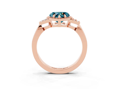 Rose gold Heart Cut Blue Topaz Halo Ring with Tapered Band and Four-Prong Setting_3