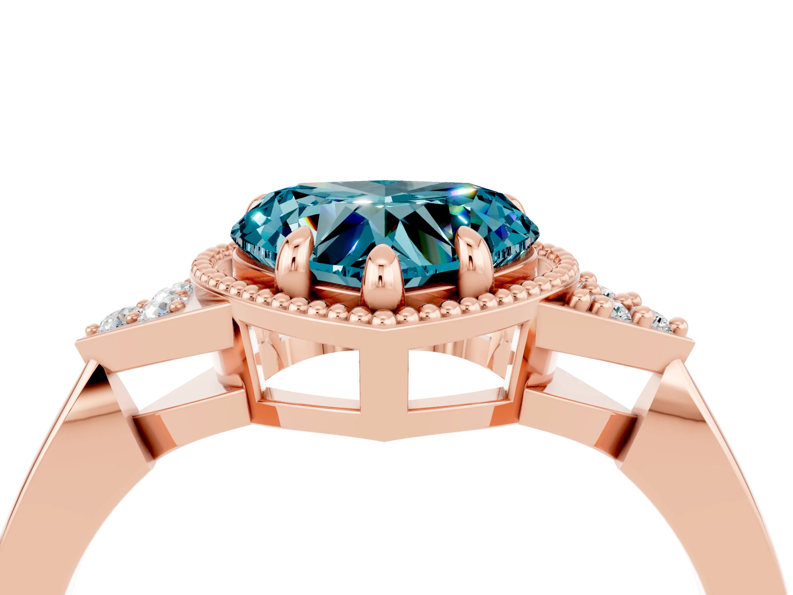Rose gold Heart Cut Blue Topaz Halo Ring with Tapered Band and Four-Prong Setting_4