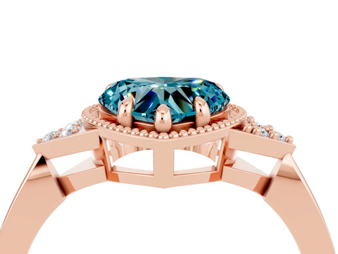 Rose gold Heart Cut Blue Topaz Halo Ring with Tapered Band and Four-Prong Setting_4
