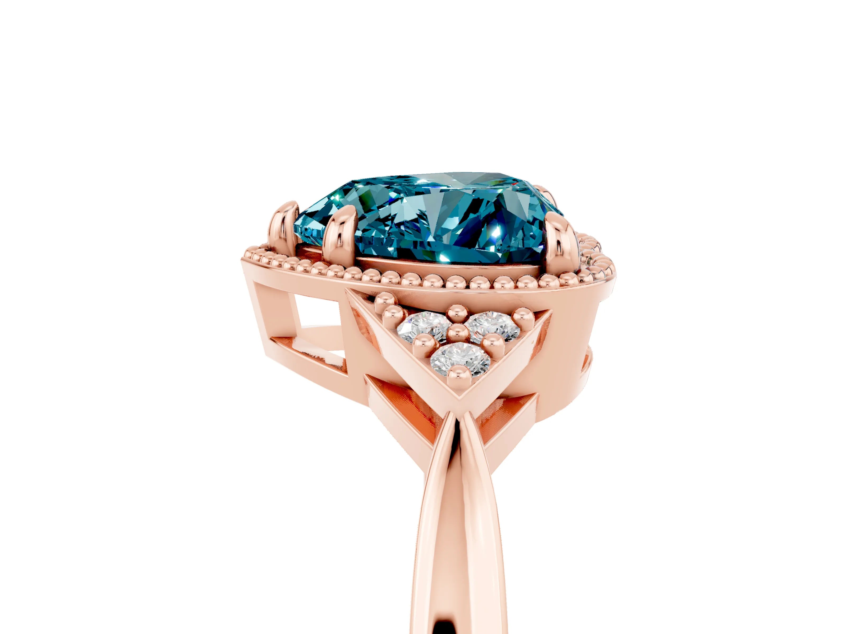 Rose gold Heart Cut Blue Topaz Halo Ring with Tapered Band and Four-Prong Setting_5