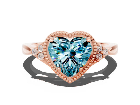 Rose gold Heart Cut Blue Topaz Halo Ring with Tapered Band and Four-Prong Setting