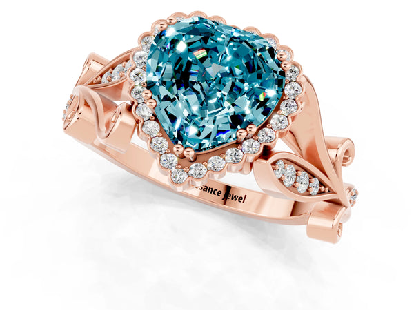 Rose gold Heart Cut Blue Topaz Halo Ring with Vintage Split Shank and Four-Prong Setting