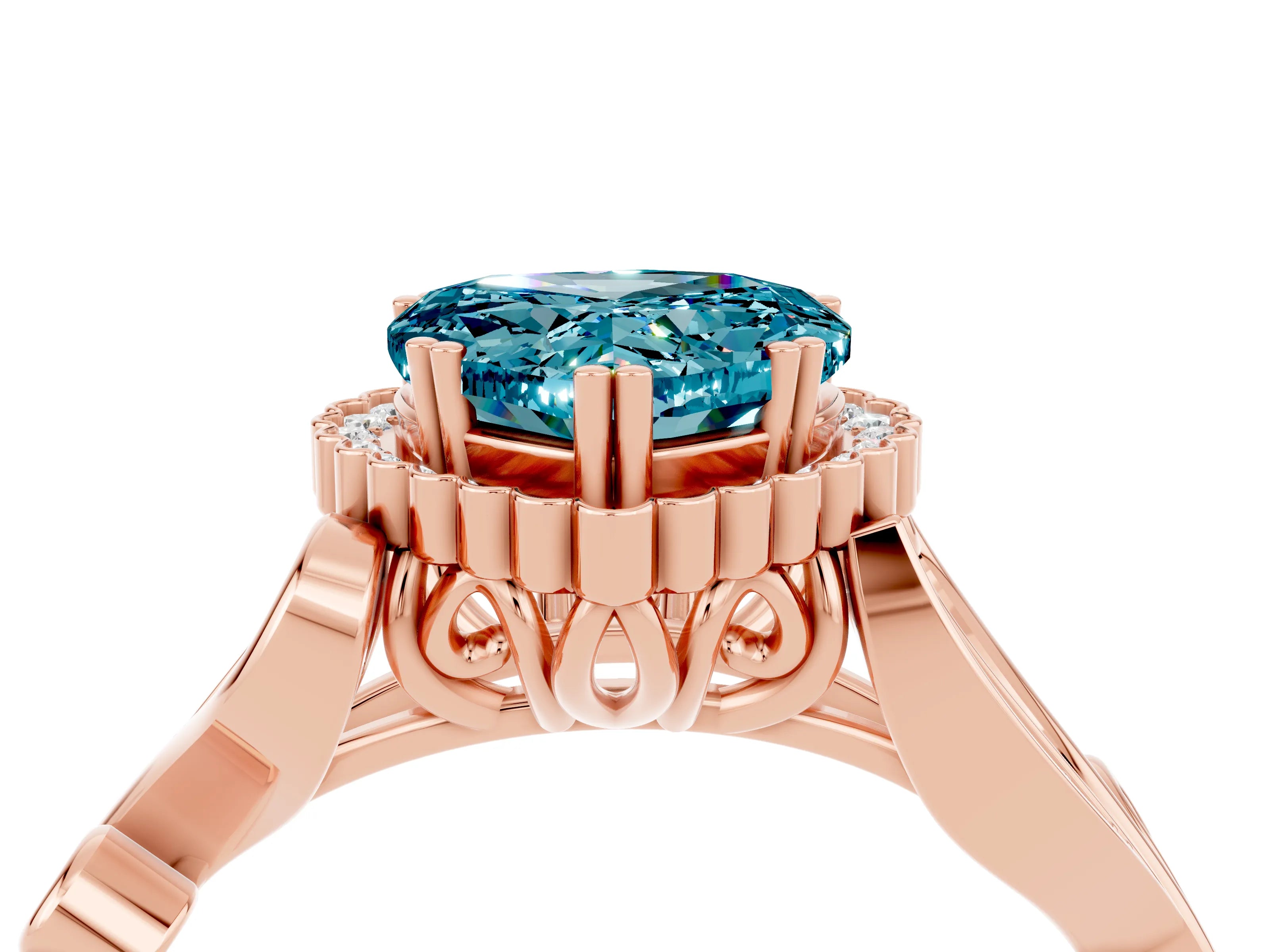 Rose gold Heart Cut Blue Topaz Halo Ring with Vintage Split Shank and Four-Prong Setting_4