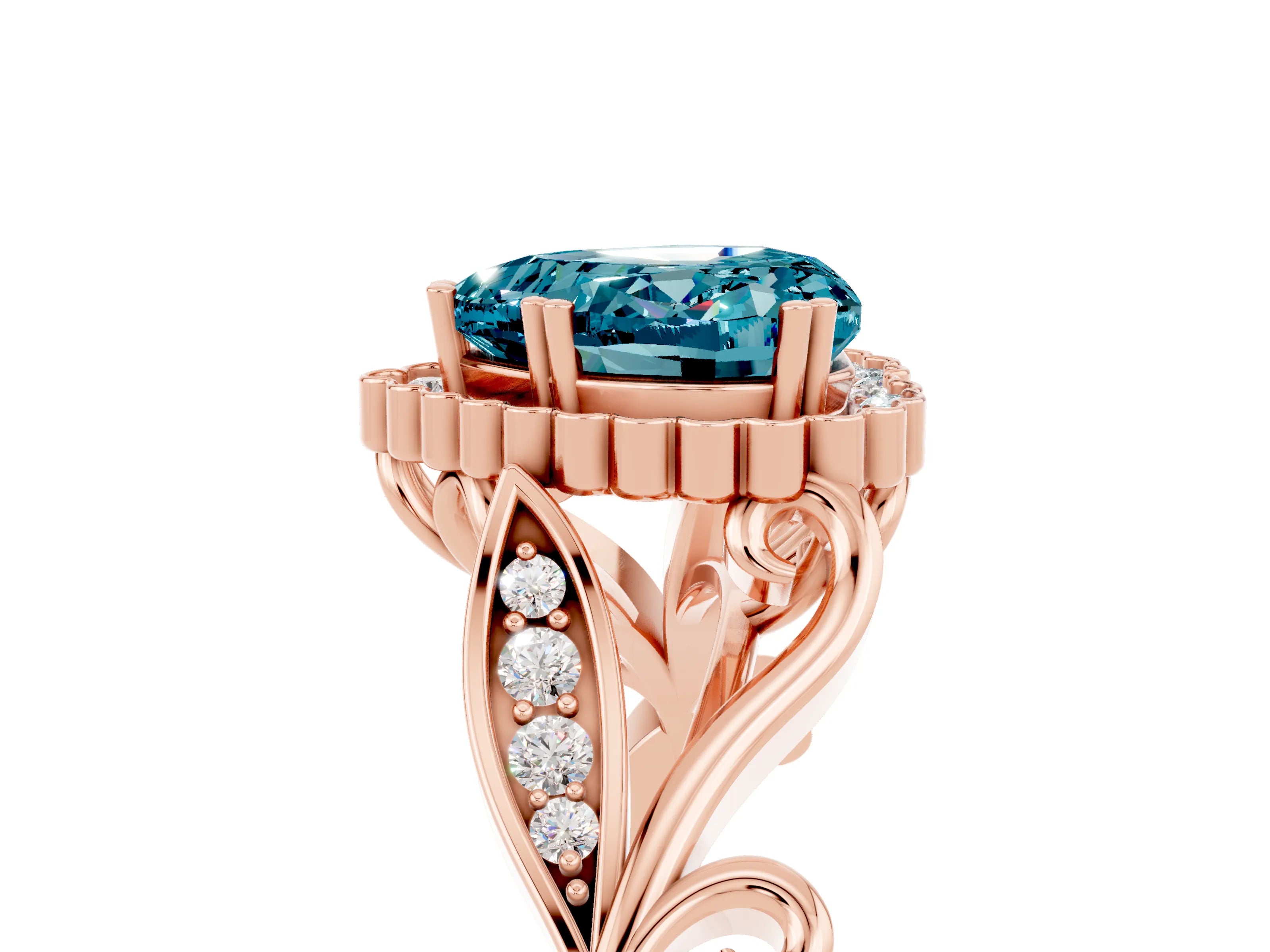 Rose gold Heart Cut Blue Topaz Halo Ring with Vintage Split Shank and Four-Prong Setting_5
