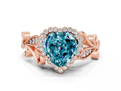 Rose gold Heart Cut Blue Topaz Halo Ring with Vintage Split Shank and Four-Prong Setting