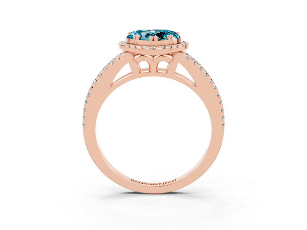 Rose gold Heart Cut Blue Topaz Halo Split Shank Engagement Ring
