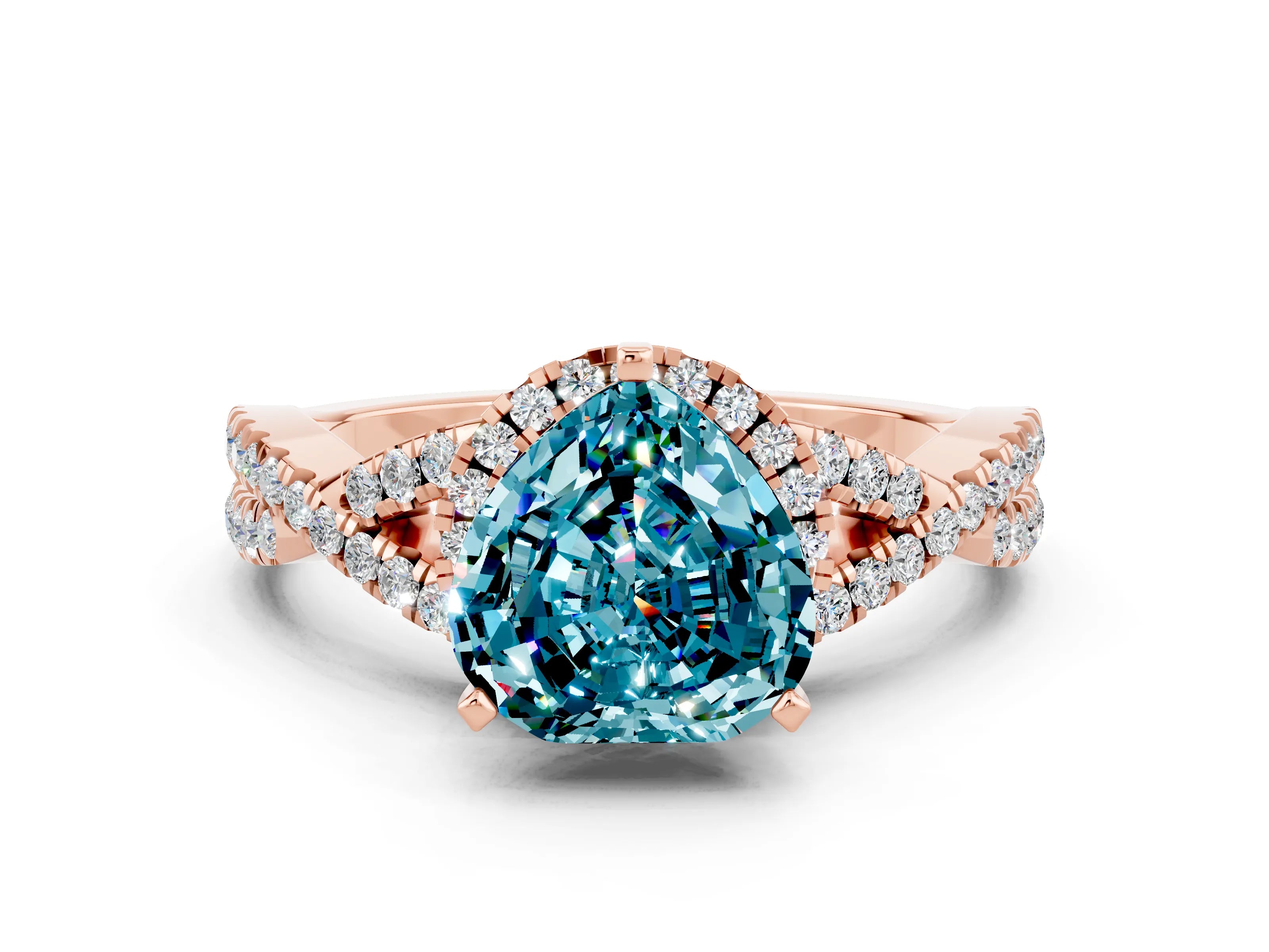 Rose gold Heart Cut Blue Topaz Halo Twist Band Solitaire Prong Setting Ring