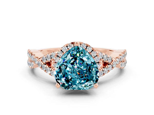 Rose gold Heart Cut Blue Topaz  Halo Twist Band Solitaire Prong Setting Ring