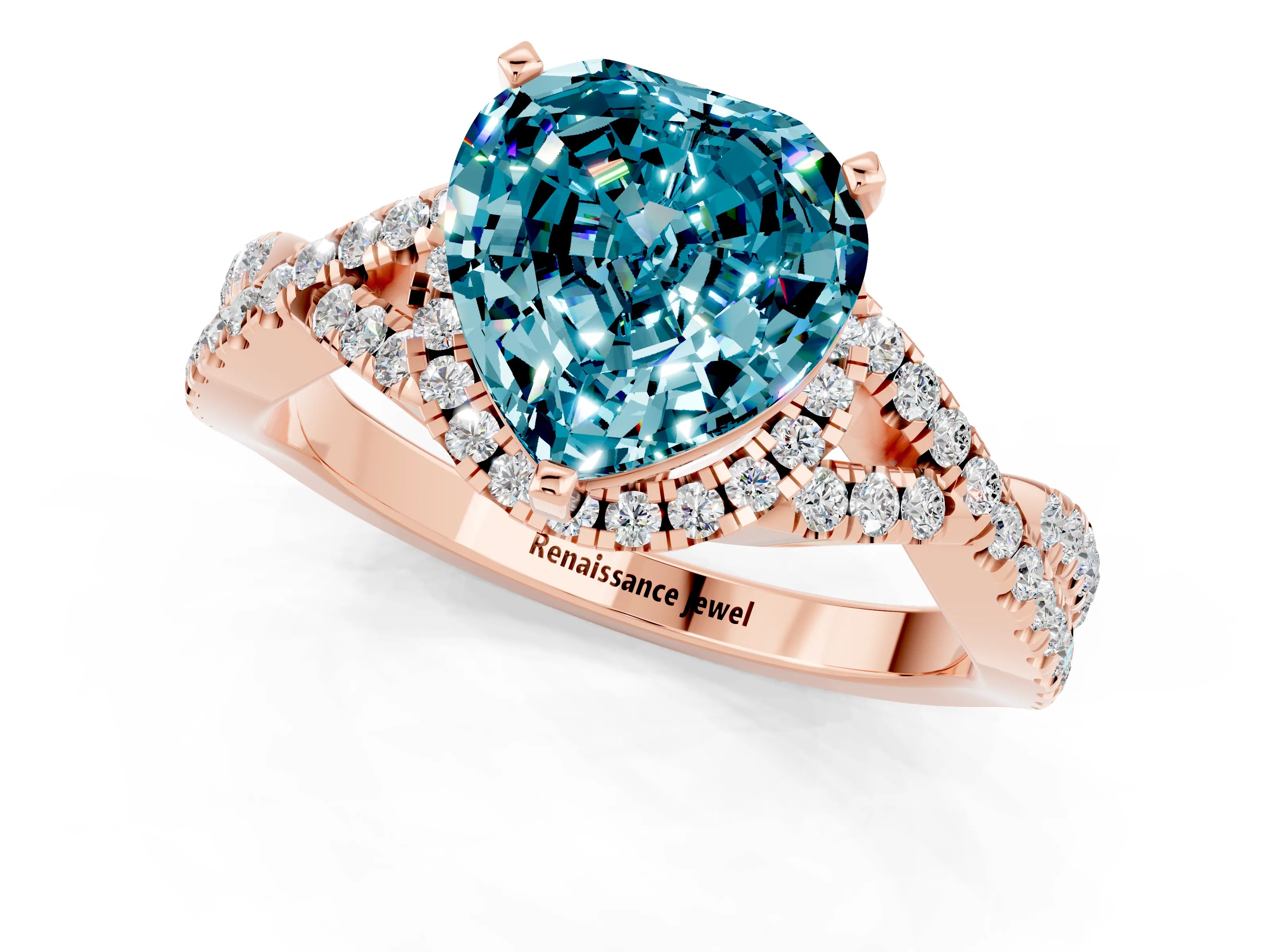 Rose gold Heart Cut Blue Topaz Halo Twist Band Solitaire Prong Setting Ring_1