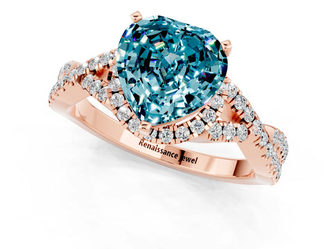 Rose gold Heart Cut Blue Topaz Halo Twist Band Solitaire Prong Setting Ring_1