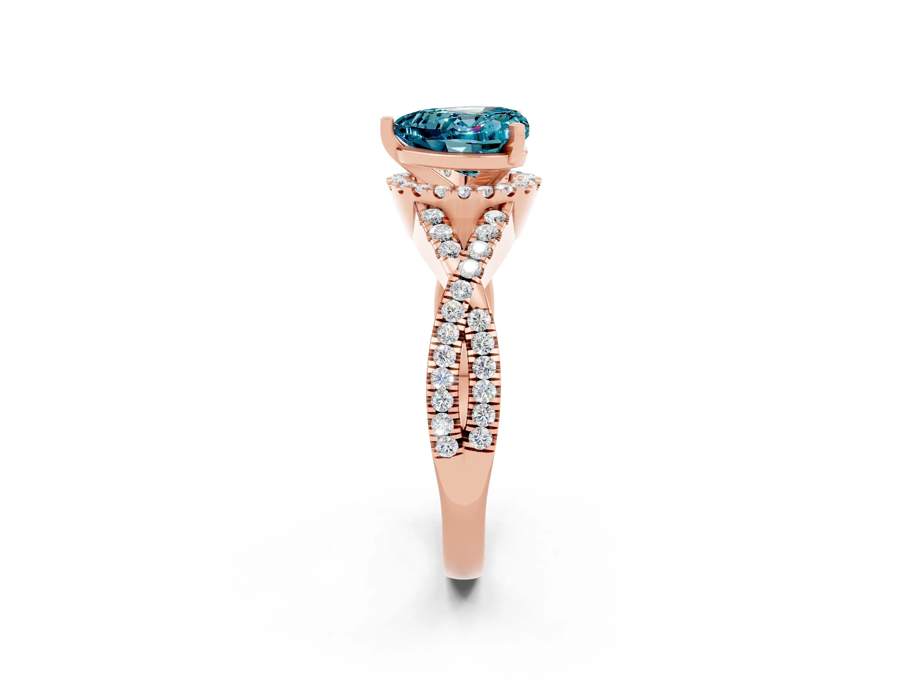 Rose gold Heart Cut Blue Topaz Halo Twist Band Solitaire Prong Setting Ring_2
