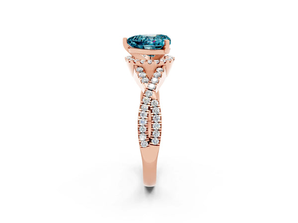 Rose gold Heart Cut Blue Topaz  Halo Twist Band Solitaire Prong Setting Ring